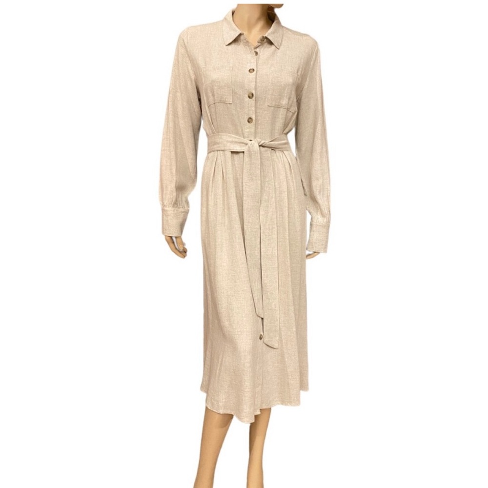 Bohme Linen Blend Button Up Tie Dress Cream Twee Minimalist Size S